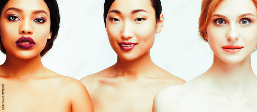 different nation woman: african-american, caucasian, asian together isolated on white background happy smiling, diverse type on skin, lifestyle people concept different nation woman: african-american, caucasian, asian together isolated on white background happy smiling, diverse type on skin, lifestyle people concept