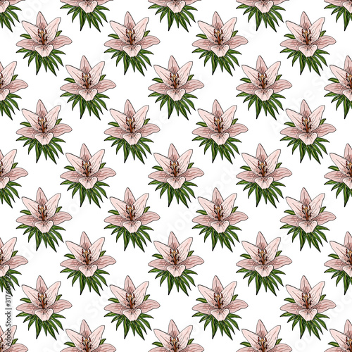 Seamless pattern with colorful bouquets of lilies and buds. Endless texture. Vector background with lilies and floral elements for your design.