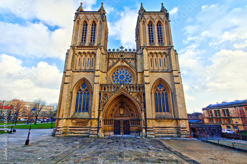 View of the Bristol Cathedral facade in a sunny winter afternoon, England