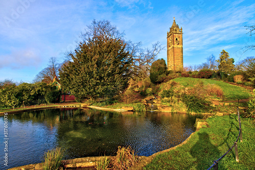 View of the Cabot Tower in Bristol, UK, from the Brandon Hill park, in a winter afternoon