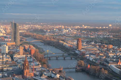 Frankfurt view at sunset from main tower 