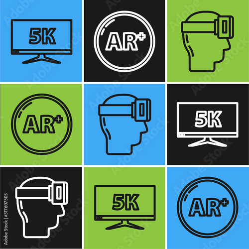 Set line Monitor display with 5k video, Virtual reality glasses and Ar, augmented reality icon. Vector