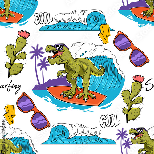 Surfer T-REX dinosaur seamless pattern fashion design 