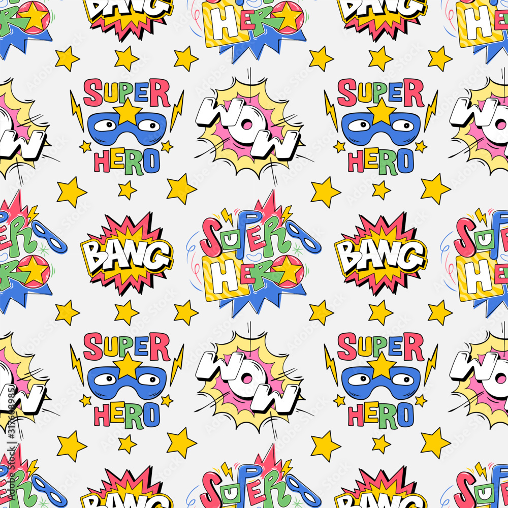 Seamless pattern comics pop art style inscriptions
