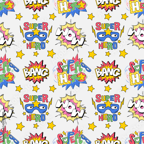 Seamless pattern comics pop art style inscriptions