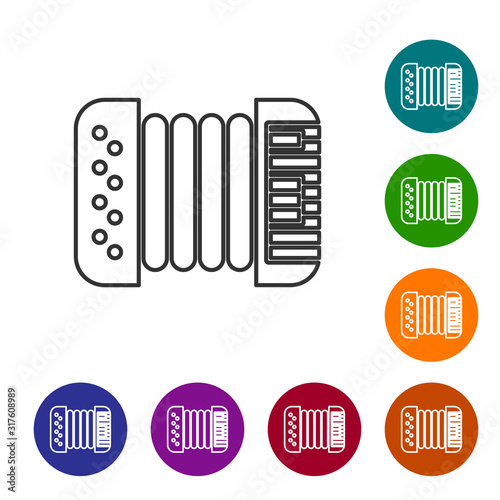 Grey line Musical instrument accordion icon isolated on white background. Classical bayan, harmonic. Set icons in color circle buttons. Vector Illustration