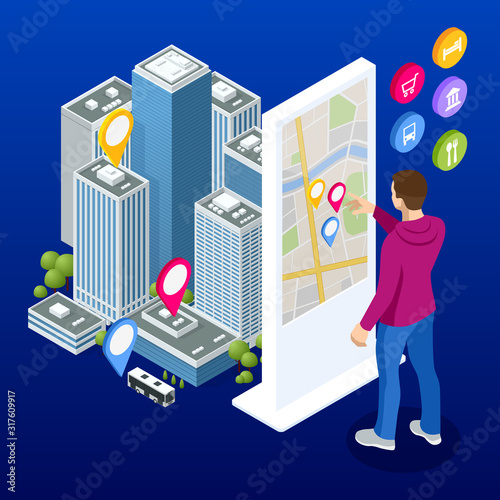 Isometric town map with GPS navigation mobile application, Traveling Navigation, interactive city navigation. City navigation map with pins or gps map, cityscape.