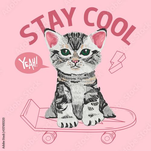 cute small cat kitten which sit on a skateboard