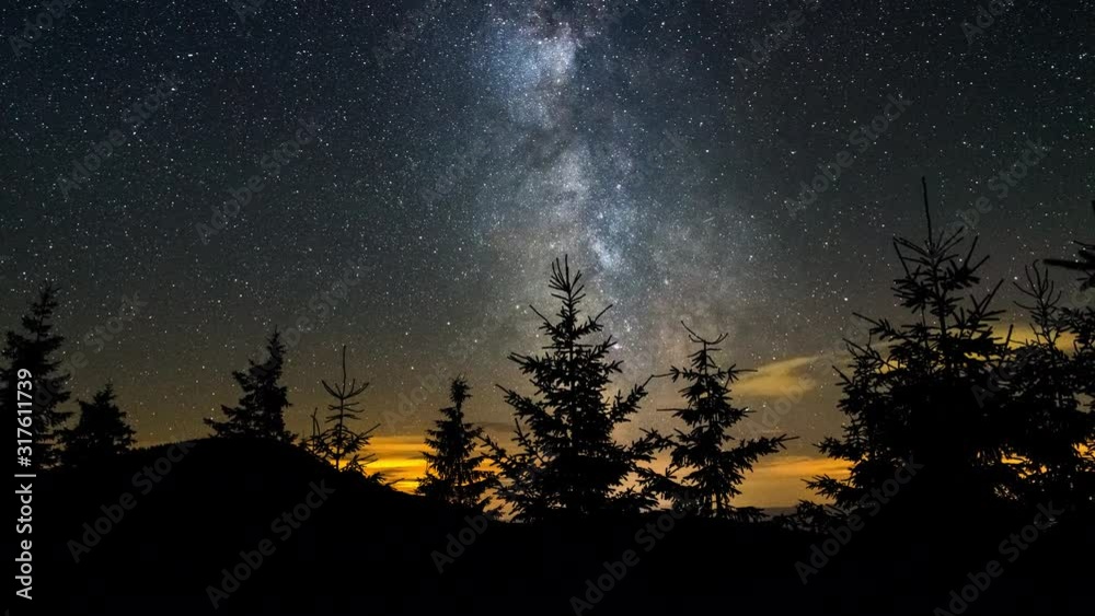 4K Astro Time Lapse Of Milkyway And Stars Over Silhouetted Spruce Tree Forest