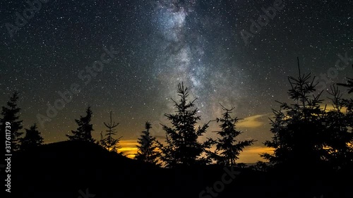 4K Astro Time Lapse Of Milkyway And Stars Over Silhouetted Spruce Tree Forest