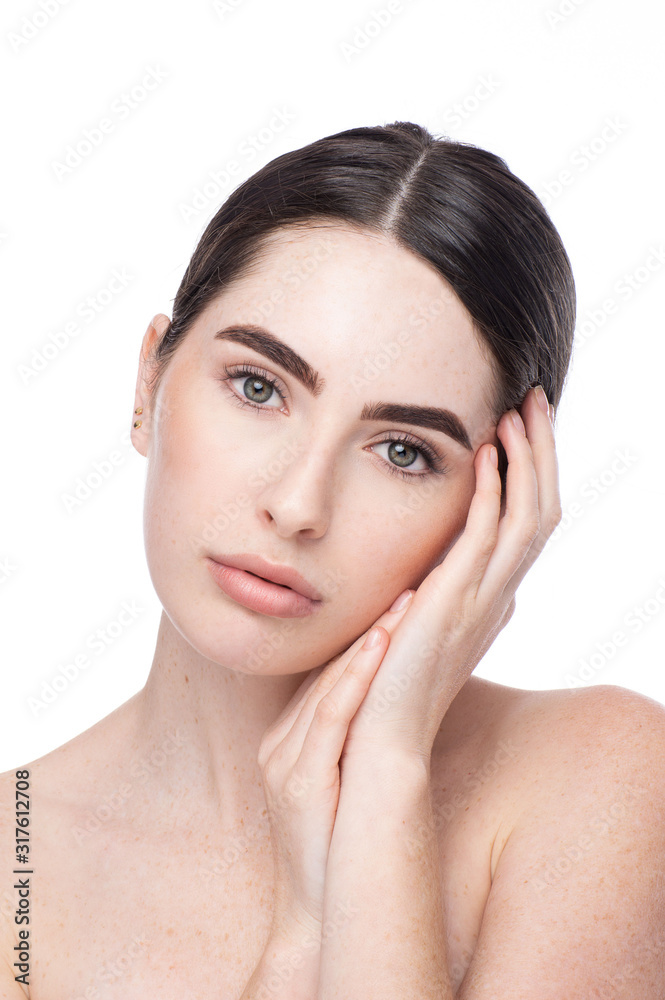 Skin care woman with hands close to face beauty white background Skin care woman with hands close to face beauty white background