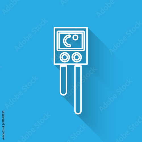 White line Temperature and humidity sensor icon isolated with long shadow. Vector Illustration
