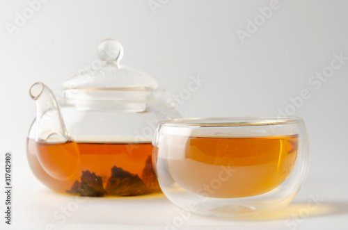 Chaga mushroom tea. medicinal drink with pieces of chaga