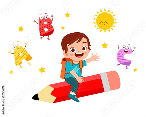 happy cute little kid boy fly with pencil
