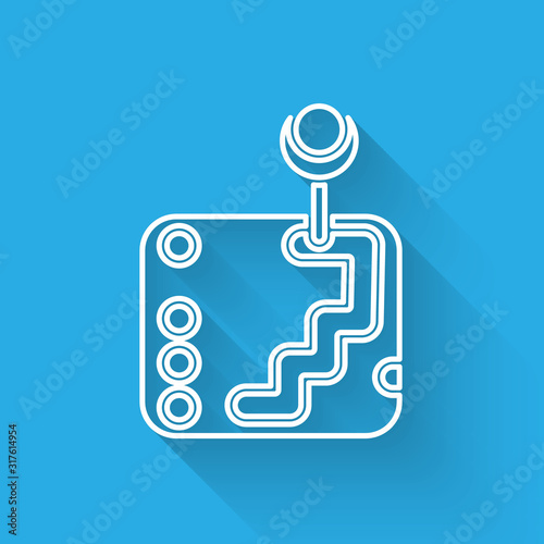 White line Gear shifter icon isolated with long shadow. Transmission icon. Vector Illustration