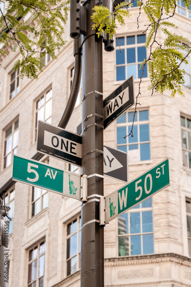 Fototapeta premium traffic signs of a manhattan avenue. one way. fifth avenue