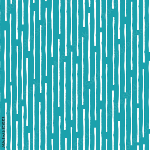 Vertical broken up white grunge lines in random design. Seamless linear geometric vector pattern on aqua blue background. For wellbeing, summer, vacation, sport, swimming packaging, fabric home decor