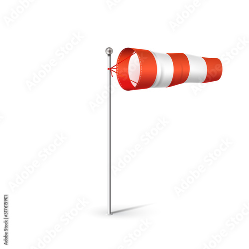 Airport Wind sock 3D realistic vector illustration. Red and white Wind flag showing wind direction and speed. Isolated on white. photo