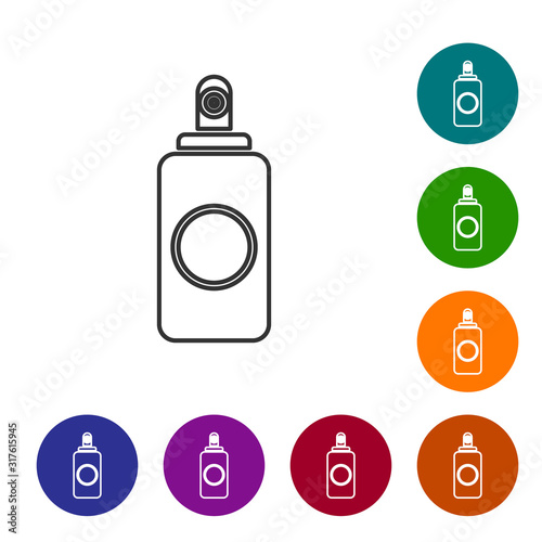 Grey line Spray can for air freshener, hairspray, deodorant, antiperspirant icon isolated on white background. Set icons in color circle buttons. Vector Illustration
