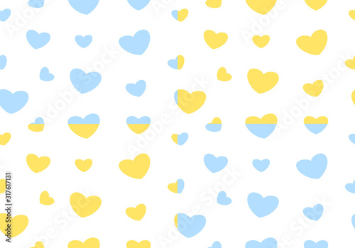Pattern with little yellow and blue hearts on a white background