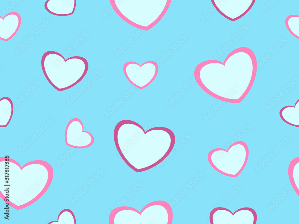 Blue hearts with pink outline on a blue background. Pattern