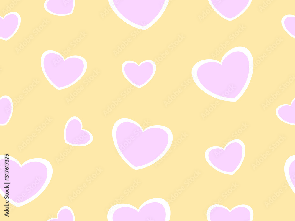 Pink hearts with white outline on a yellow background. Pattern