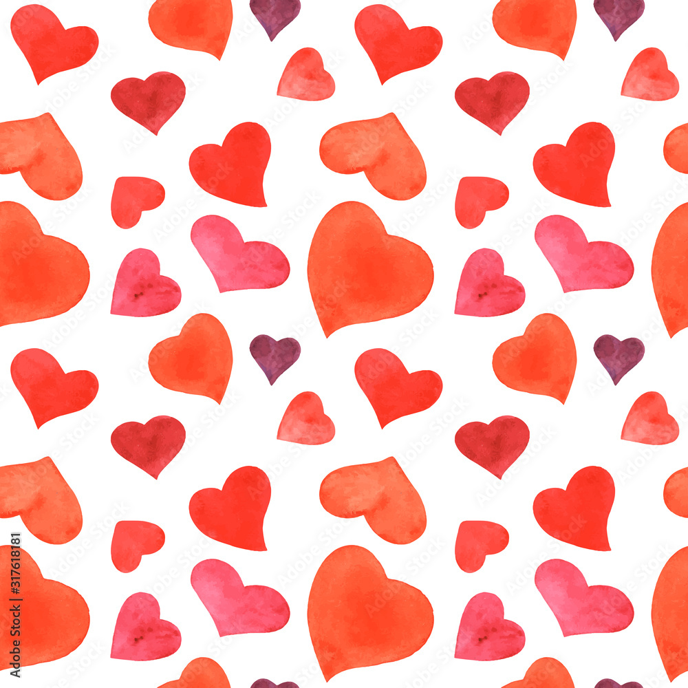 Romantic watercolor seamless pattern with red hearts