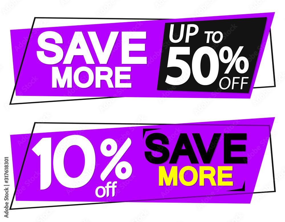 Save More, big sale banner design template, up to 50% off, discount tag, app icon, vector illustration