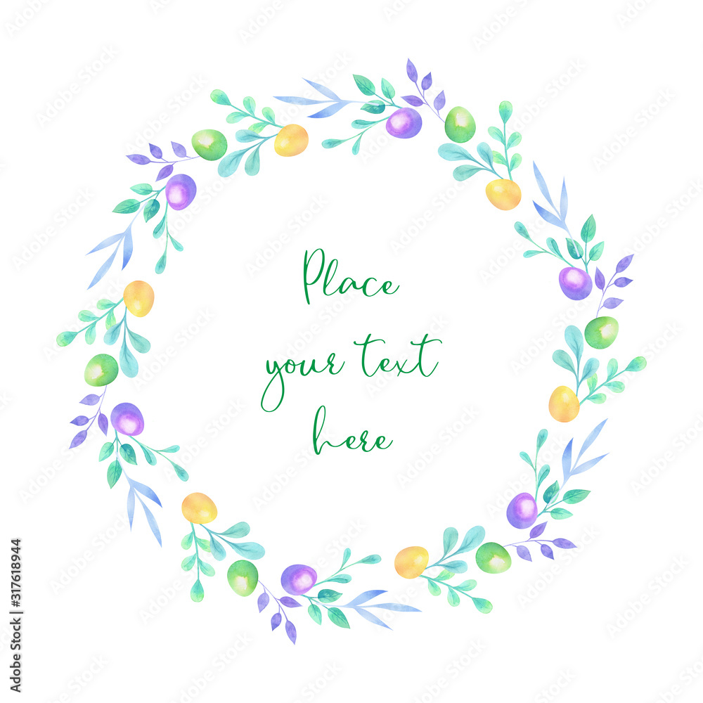 Beautiful Easter wreath with spring flowers and eggs. Watercolor illustration isolated on a white background. Beautiful Easter wreath with spring flowers and eggs. Watercolor illustration isolated on a white background.