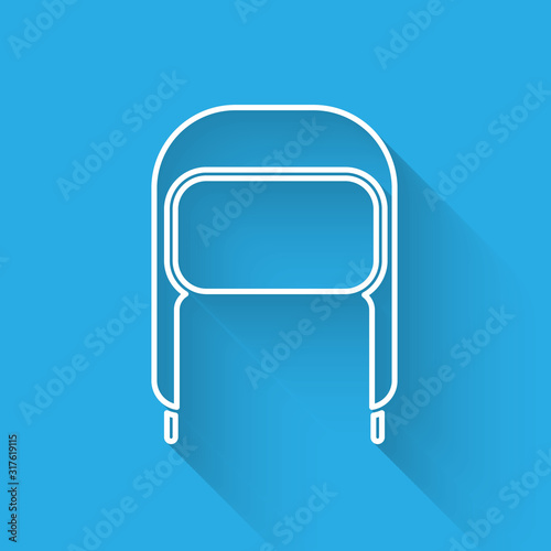 White line Winter hat with ear flaps icon isolated with long shadow. Vector Illustration