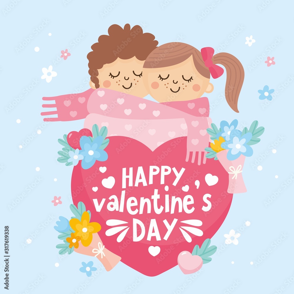Valentine's Day greeting card. Cute illustration with sweet couple in a scarf, big heart with lettering and love theme elements. Romantic relationship lover.