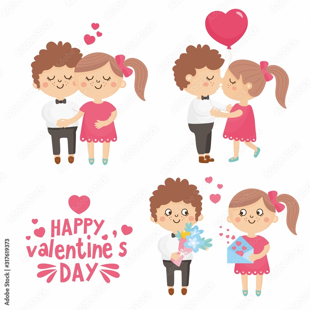 Set of happy Valentine's Day couple in love on date. Romantic relationship lover illustration. Boyfriend give flower. Set of happy Valentine's Day couple in love on date. Romantic relationship lover illustration. Boyfriend give flower.