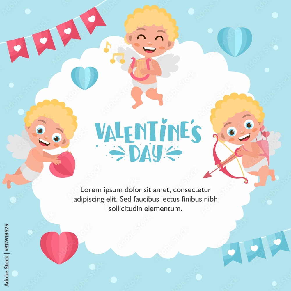 Romantic greeting card. Illustration of cute cartoon cupids. Cupid angels shoots a bow, flies in the clouds. Original holiday design. Template for banner, Valentine s Day poster. Romantic greeting card. Illustration of cute cartoon cupids. Cupid angels shoots a bow, flies in the clouds. Original holiday design. Template for banner, Valentine s Day poster.