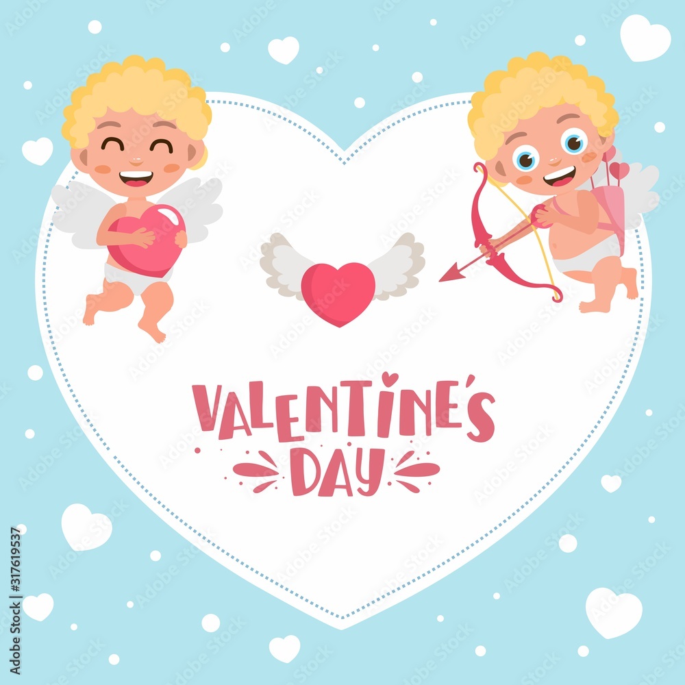 Romantic greeting card. Original holiday design with cupid angels. Template for banner, Valentine s Day Romantic greeting card. Original holiday design with cupid angels. Template for banner, Valentine s Day