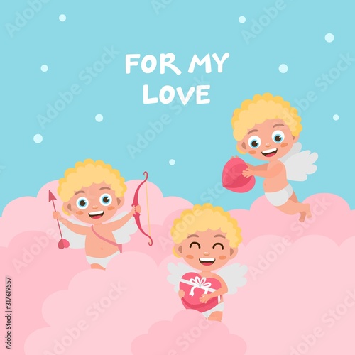 Valentines day greeting card. Cute baby cupid characters with hearts. Amur with a bow  flies in the clouds  holding a gift.