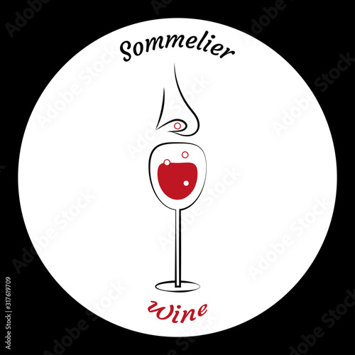 Glass of wine and sommeliers nose. Choice of wine. Circular white background on black square. Elements for restaurant menu, school sommelier in outline style. Vector illustration, icon style.