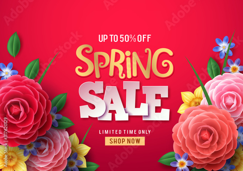 Spring sale vector banner. Spring sale text with colorful camellia flowers and crocus flower in red background for spring seasonal promotion. Vector illustration.