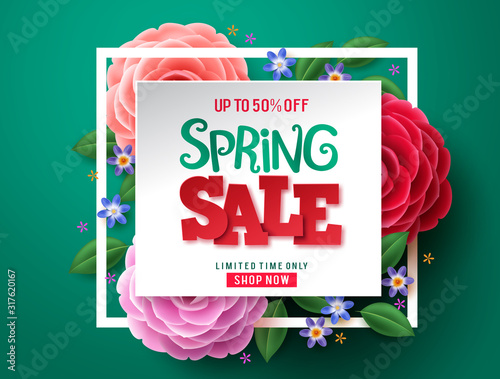 Spring sale flowers vector design. Spring sale discount text and colorful camellia flowers in white space and frame in green background. Vector illustration.