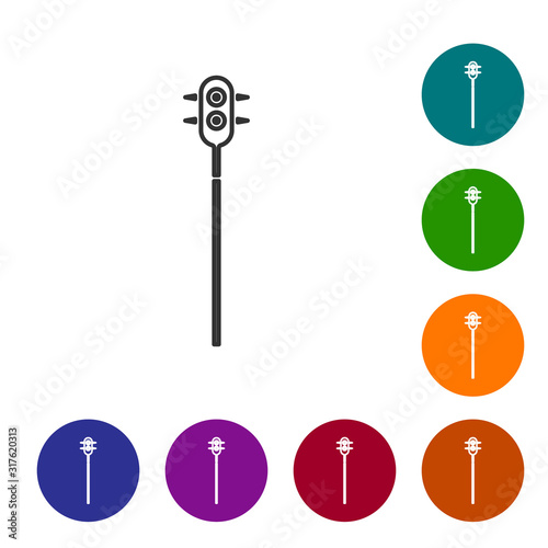 Grey line Medieval chained mace ball icon isolated on white background. Medieval weapon. Set icons in color circle buttons. Vector Illustration