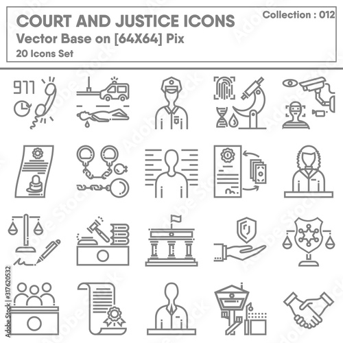 Court and Justice Icon Set, Icons Collection of Lawyer Legal and Law Consulting Symbol. Barrister Judge for Criminal Investigation, Vector Illustration Concept Design.