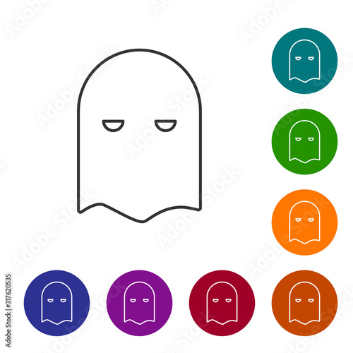 Grey line Executioner mask icon isolated on white background. Hangman, torturer, executor, tormentor, butcher, headsman icon. Set icons in color circle buttons. Vector Illustration
