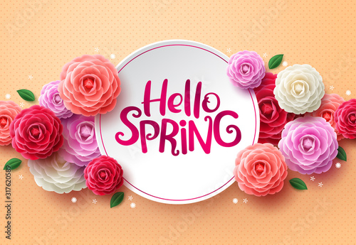 Hello spring flowers vector background. Hello spring greeting text in white space and colorful camellia flowers in orange pattern background. Vector illustration. © AmazeinDesign