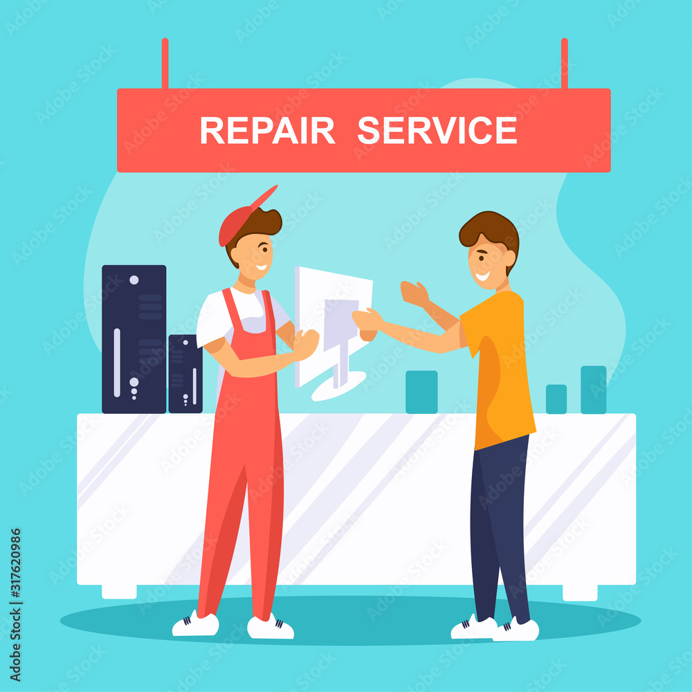 Obraz premium Happy customer picks up his computer from a electronics repair service. Flat vector illustration.