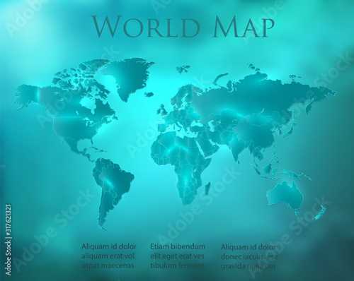World map blue turquoise sky with separate states and glowing neon light vector