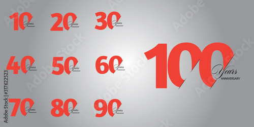 100 Year Anniversary Set 10 20 30 40 50 60 70 80 90 Vector Template Design Illustration