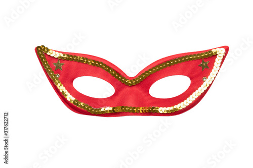 Red carnival mask with golden beads isolated on a white background