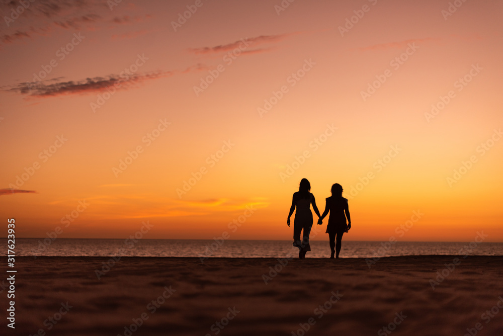 Los Cabos, Mexico- 2019 Love is an intense feeling of deep affection Illustrative Romantic portrait of the silhouette of a couple on a beautiful sunset at the beach. Love concept