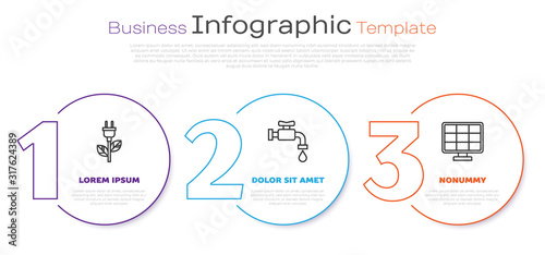 Set line Electric saving plug in leaf, Water tap and Solar energy panel. Business infographic template. Vector