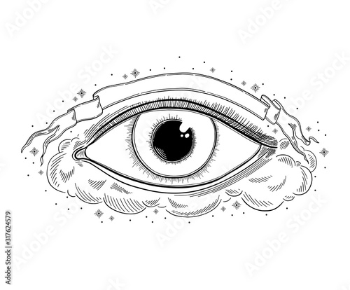 Evil Seeing eye symbol. Occult mystic emblem, graphic design tattoo. Esoteric sign alchemy, decorative style, providence sight.