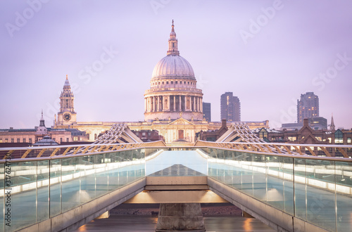 St Paul's Cathedral and the Millennium Bridge on a winter morning in London 